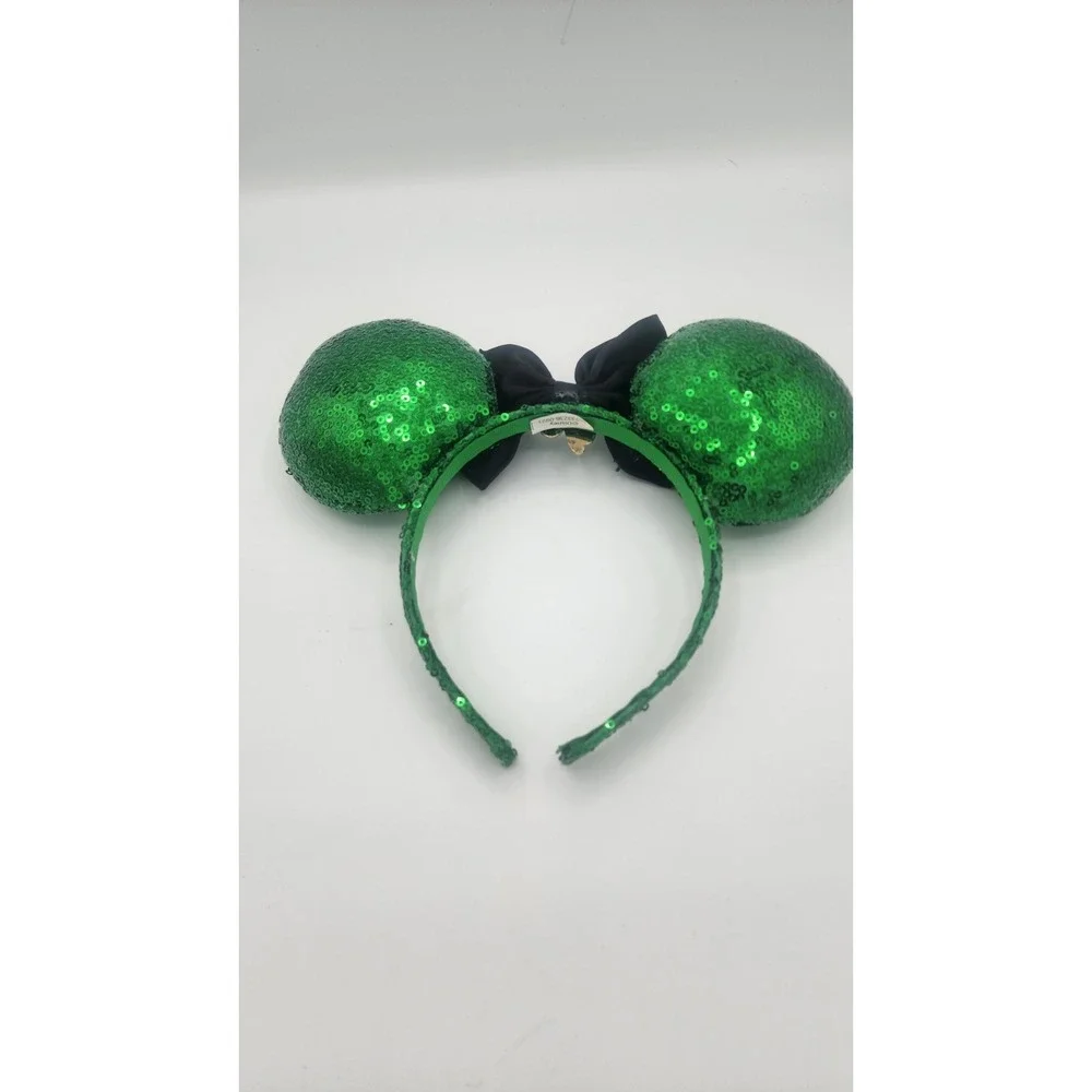 Disney Minnie Mouse Ears Headband Green and Black Sequins St Patrick's Day EUC